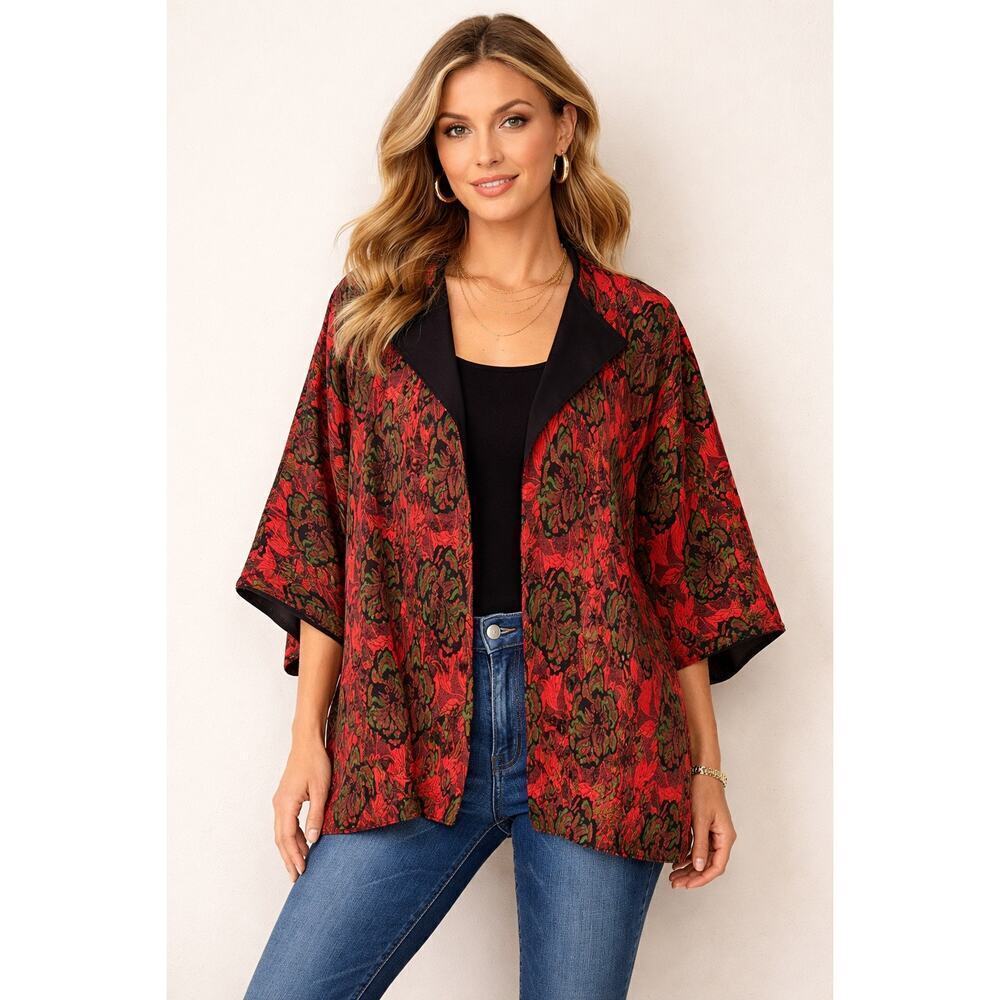 Natori Floral Tapestry kimono open front jacket Pockets Medium/Large Art to Wear